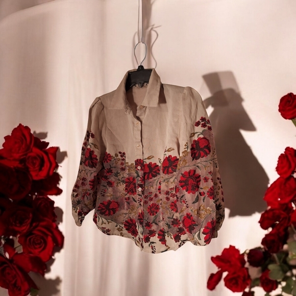 Gorgeous Red Rose Design Long Sleeved Button Down Blouse Sheer Parts Romantic - Picture 1 of 5